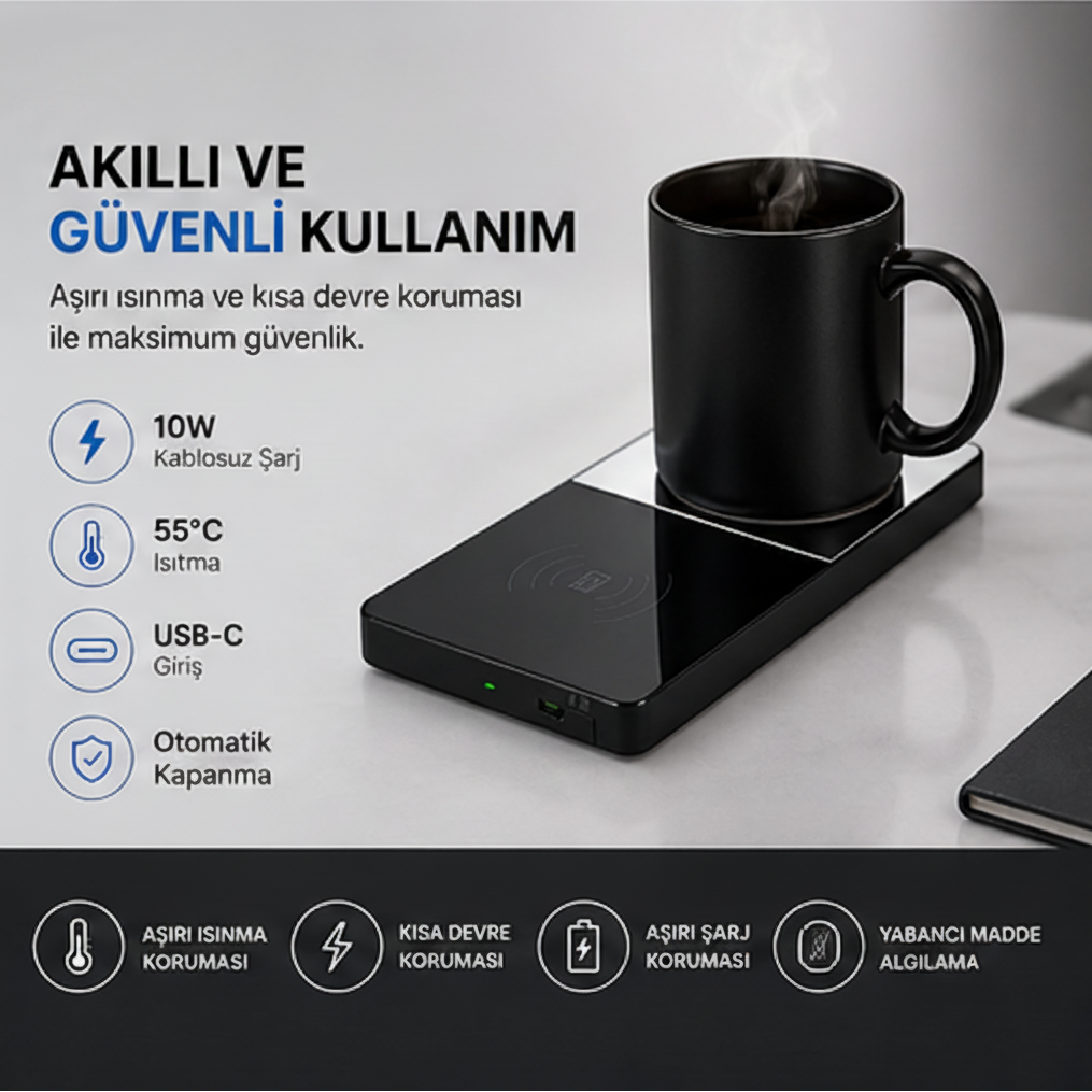 2'Sİ BİR ARADA KABLOSUZ ŞARJ CİHAZI VE SABİT BARDAK ISITICI