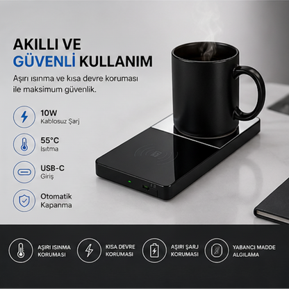 2'Sİ BİR ARADA KABLOSUZ ŞARJ CİHAZI VE SABİT BARDAK ISITICI